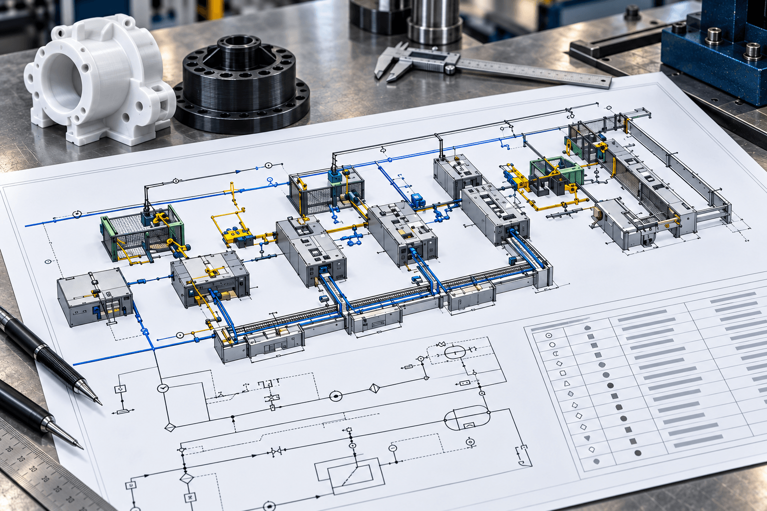 Exploded machine assembly with shaft, bearings and fasteners
